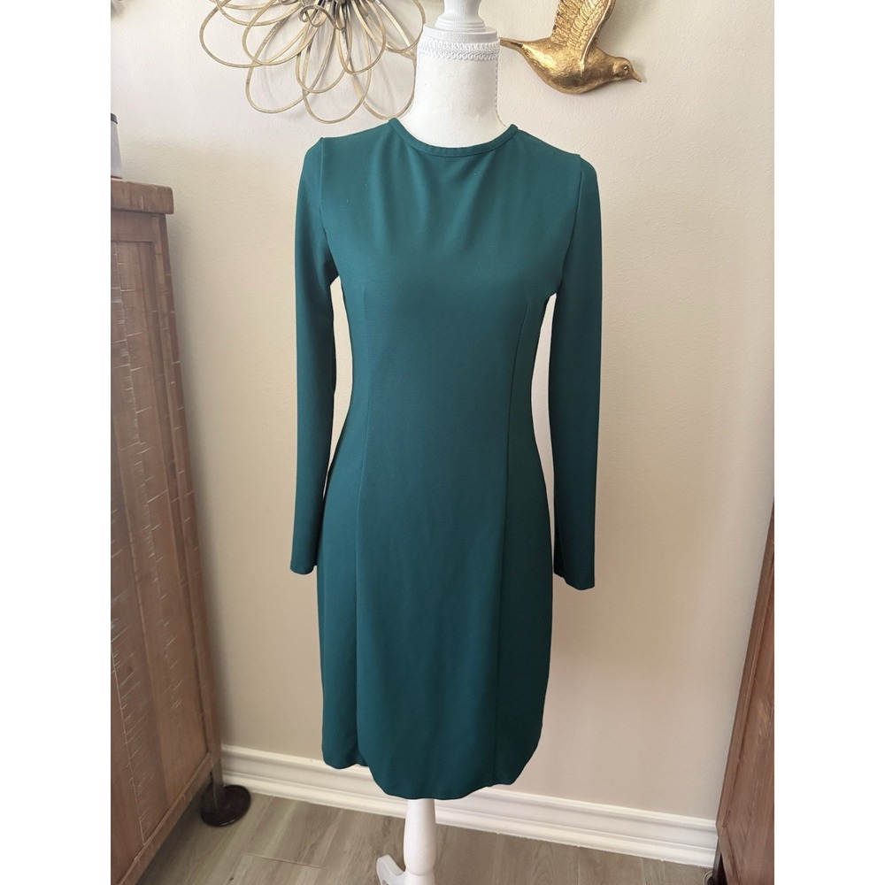 J.Crew Womens Small Green Long Sleeve Sheath Dress Stretch Career Office Midi
